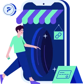 Ícono de hombre entrando a un comercio con funcionalidades de Poket